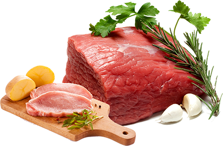 Cuts of raw beef and pork on a wooden board